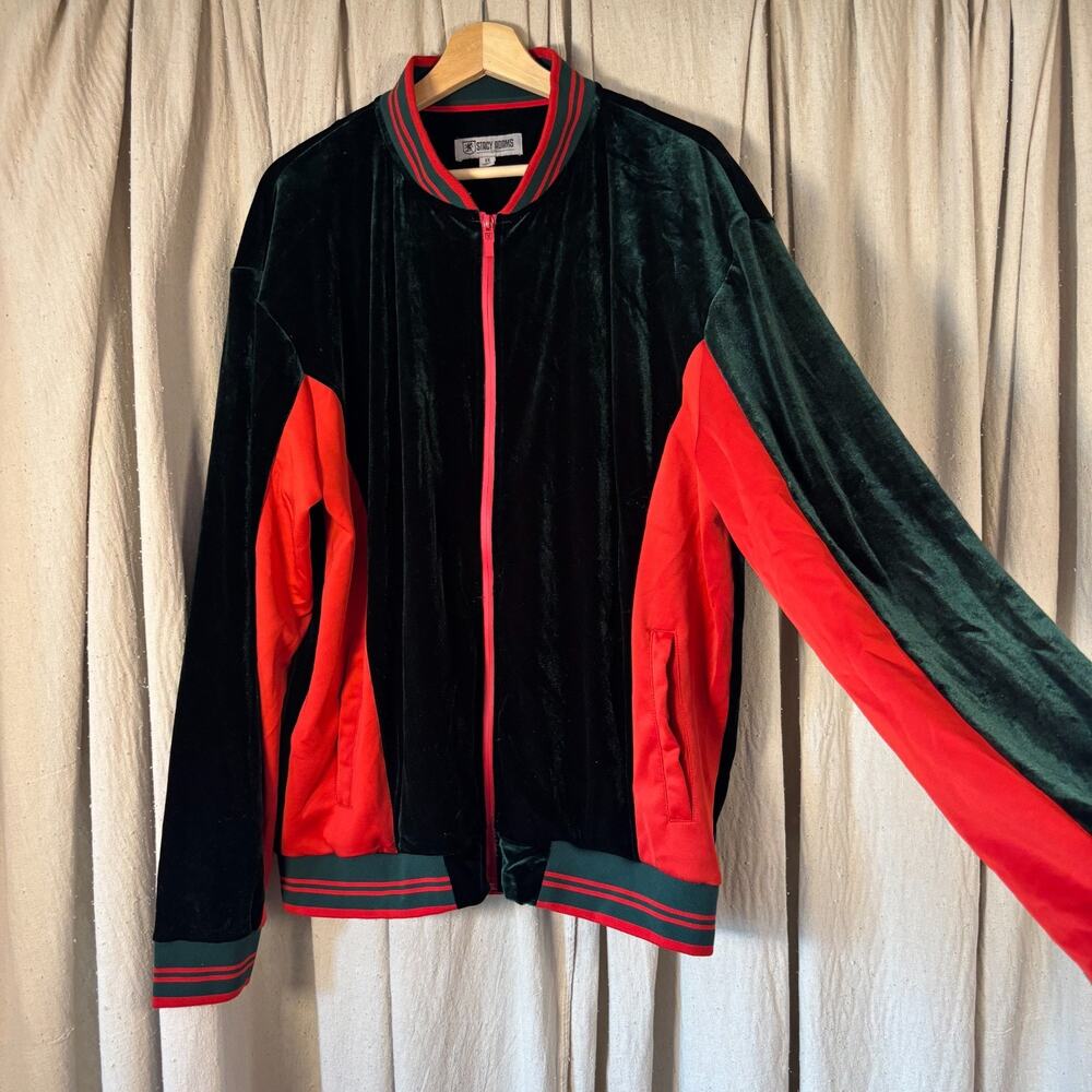 Stacy Adams Velour Track Jacket Dark Green Red Colorblock Zip‎ Up Men's Size 3X